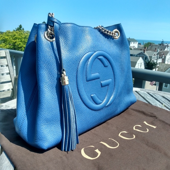 NEW, Gucci Soho Limited Ed. Caspian Blue Double Chain Shoulder Bag - Picture 9 of 16
